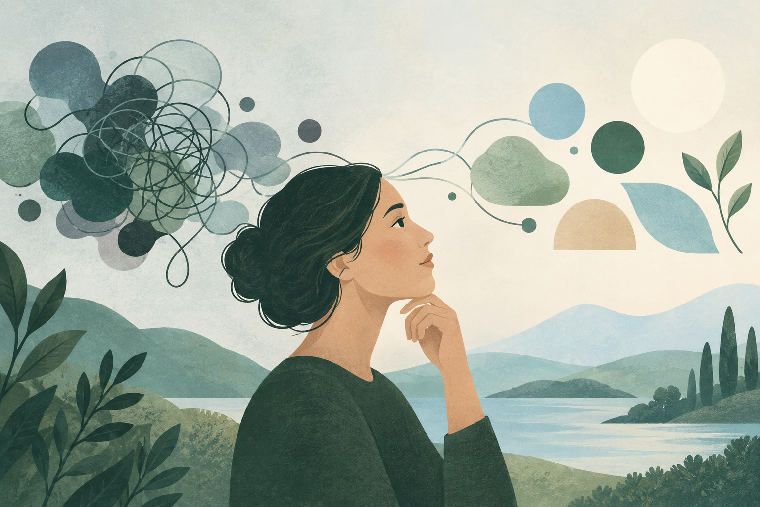 Ilustración de una persona observando y reorganizando sus pensamientos